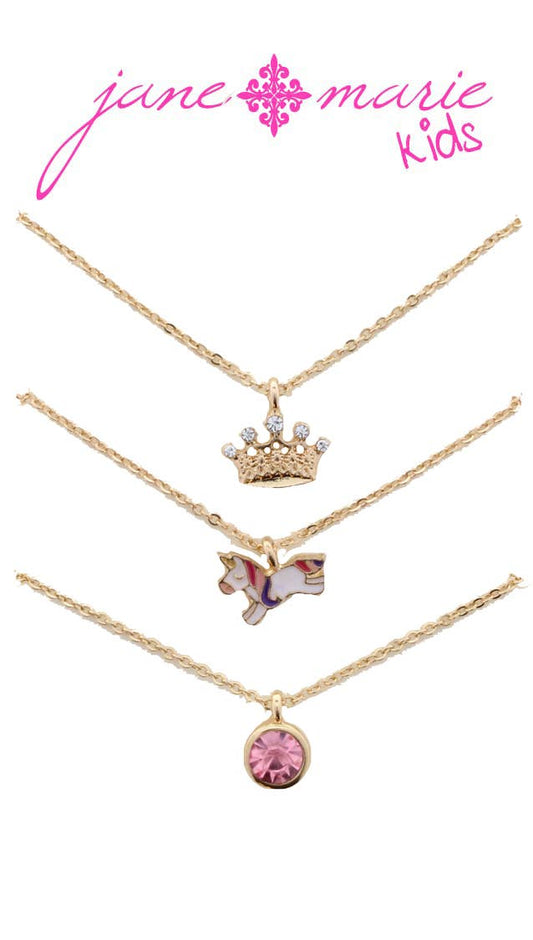 Kids 14" Crown, Unicorn, Pink Crystal Necklace