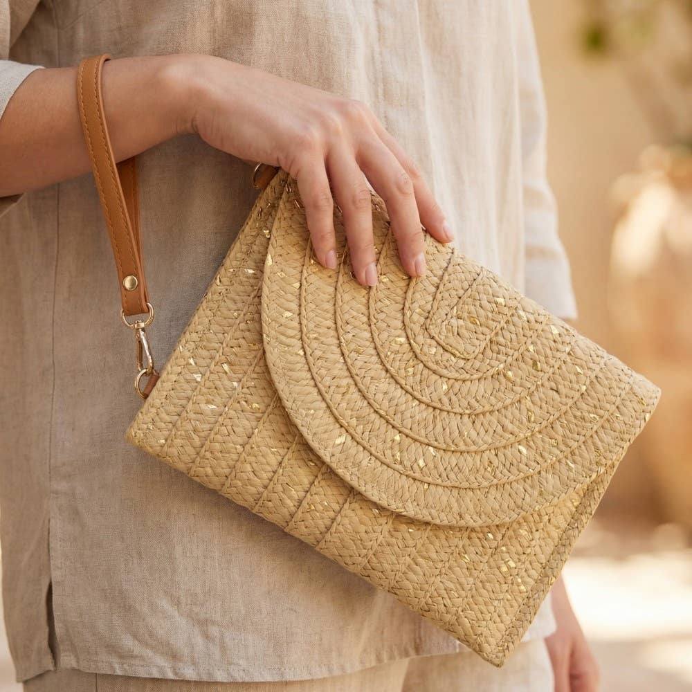 Straw Woven Gold Accents Clutch Bag: KH