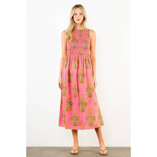Sleeveless Smocked Pattern Midi Dress: PINK