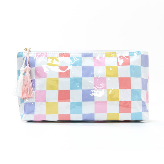 Glossy PVC Colorful Stripe Check Tassel Accent Makeup Bag: C2 / M