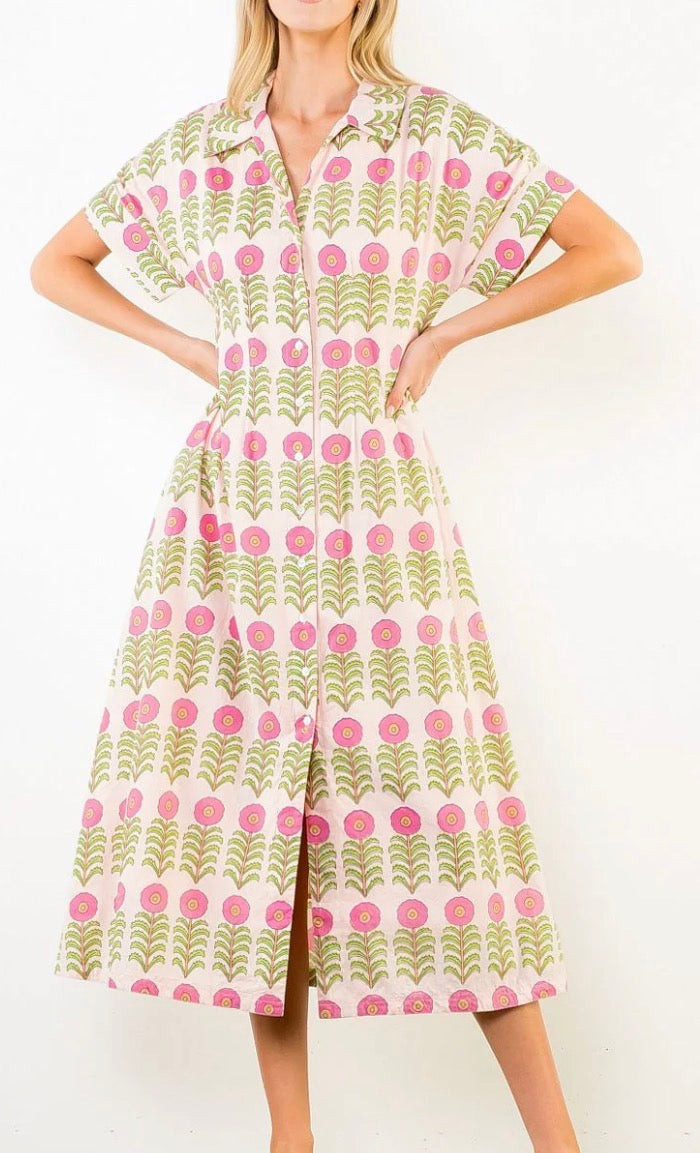 Short Sleeve Floral Pattern Button Down Dress in Pink