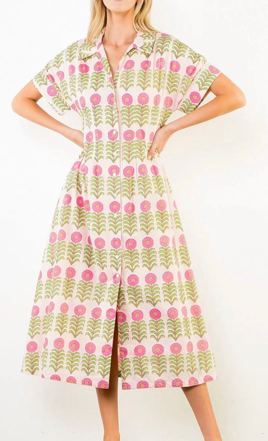 Short Sleeve Floral Pattern Button Down Dress in Pink