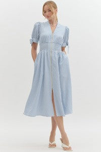 Aria Zip Front Bow Sleeve Midi Dress in Blue