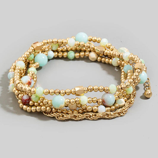 Aqua Stone And Metallic Beaded Bracelet Set