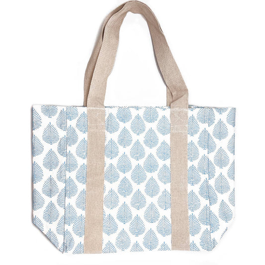 Block Printed Canvas Bag - Sky Blue Leaves
