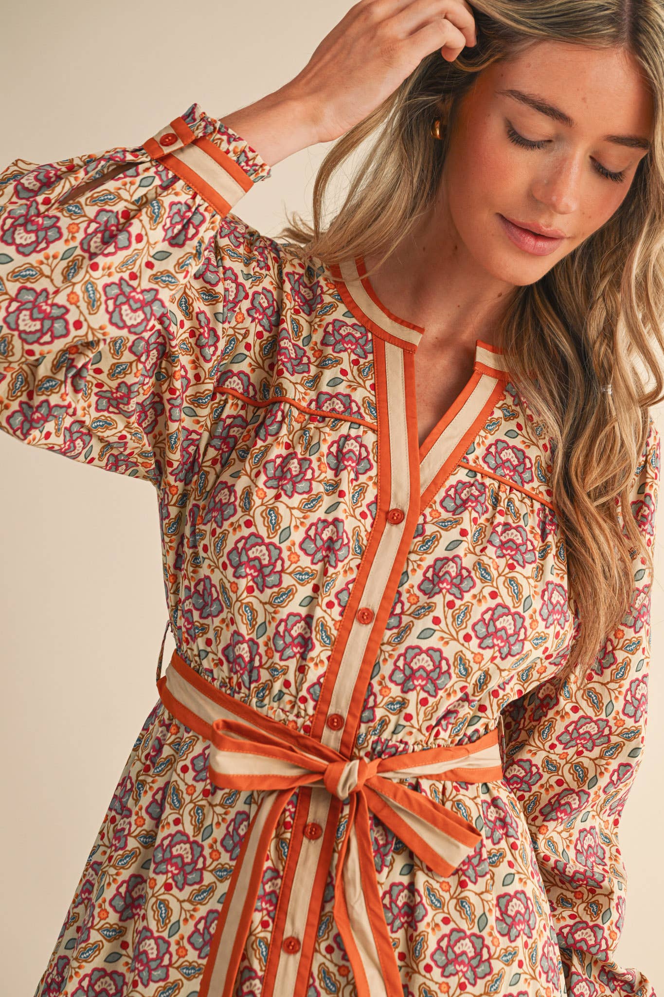 Floral Contrast Binding Button Down Mini Dress: Cream Orange Multi