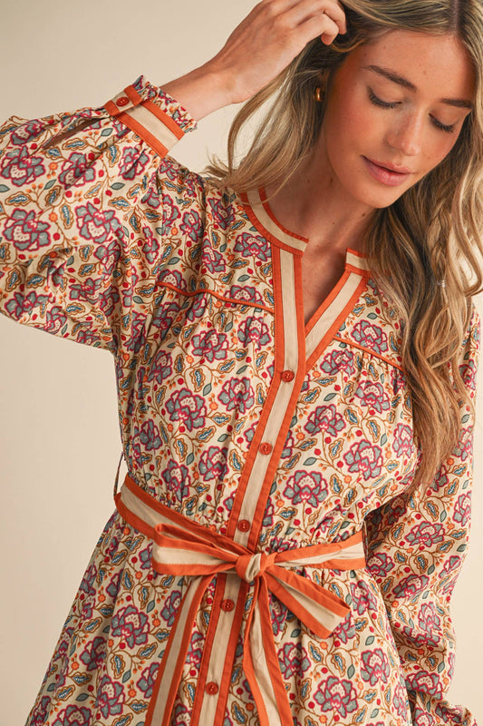 Floral Contrast Binding Button Down Mini Dress: Cream Orange Multi