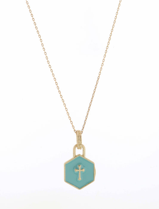 18" Textured Gold Circle with Silver Cross on Pearl Necklace