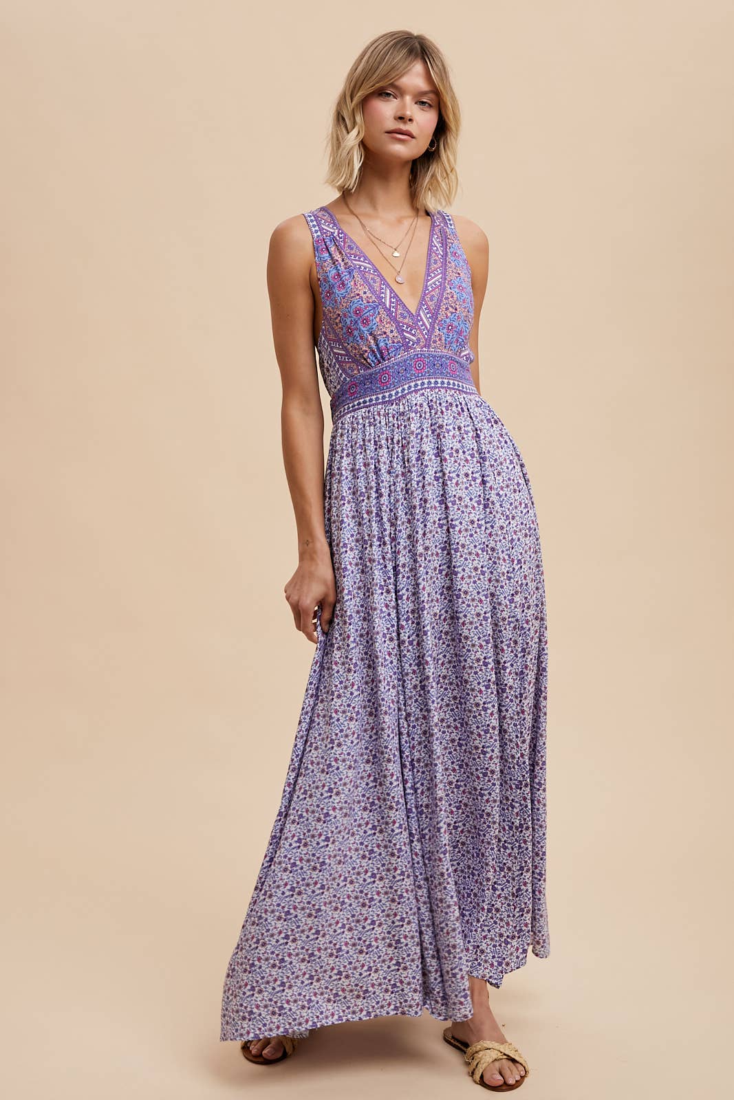 Border Print Sleeveless Maxi Dress: Dusty Indigo She la la Border Print Sleeveless Maxi Dress: Dusty Indigo She la la