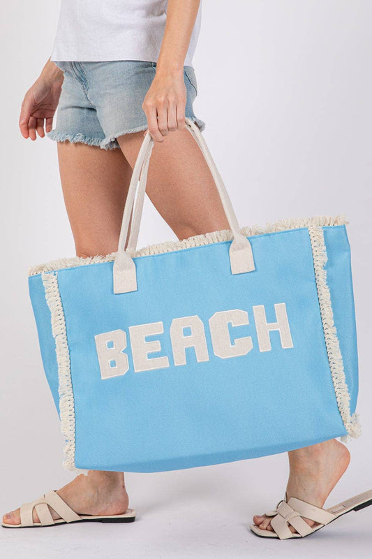 Embroidered Beach Letter Fringe Tote Bag: Blue
