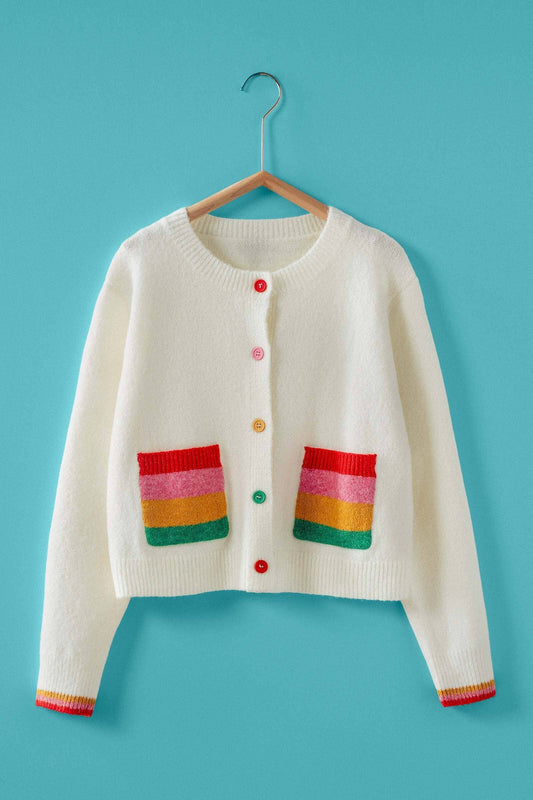 Rainbow Pocket Colorblock Knit Cardigan: Ivory