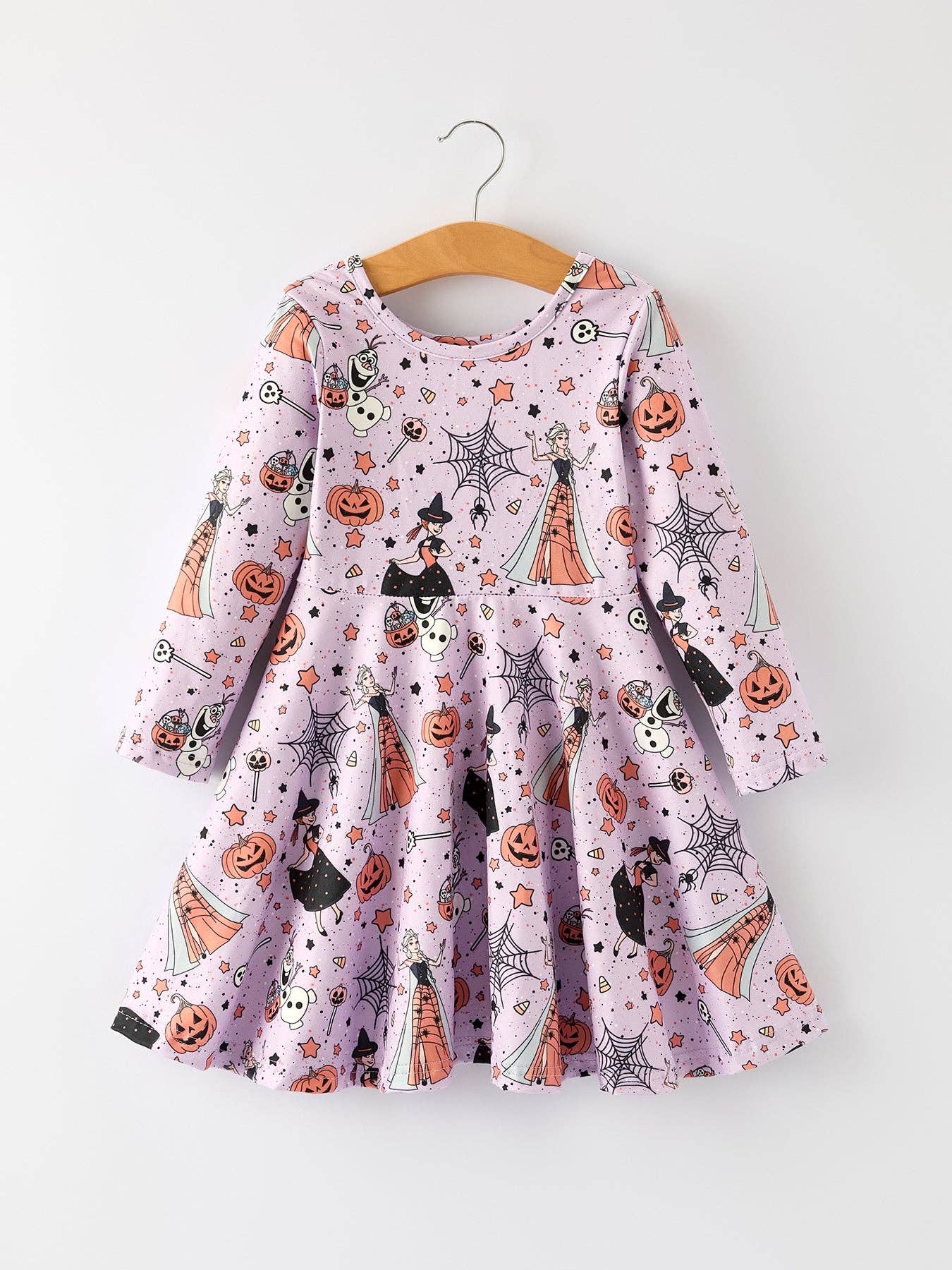 Purple Halloween Themed Dress for Toddler Girls with Spiders and Pumpkins
