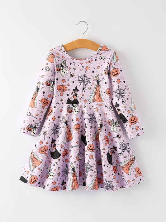 Purple Halloween Themed Dress for Toddler Girls with Spiders and Pumpkins