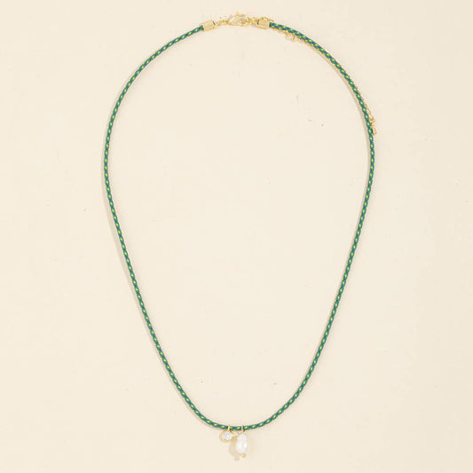 Cord Necklace With Bezel Cz And Pearl Drops: GDGRN
