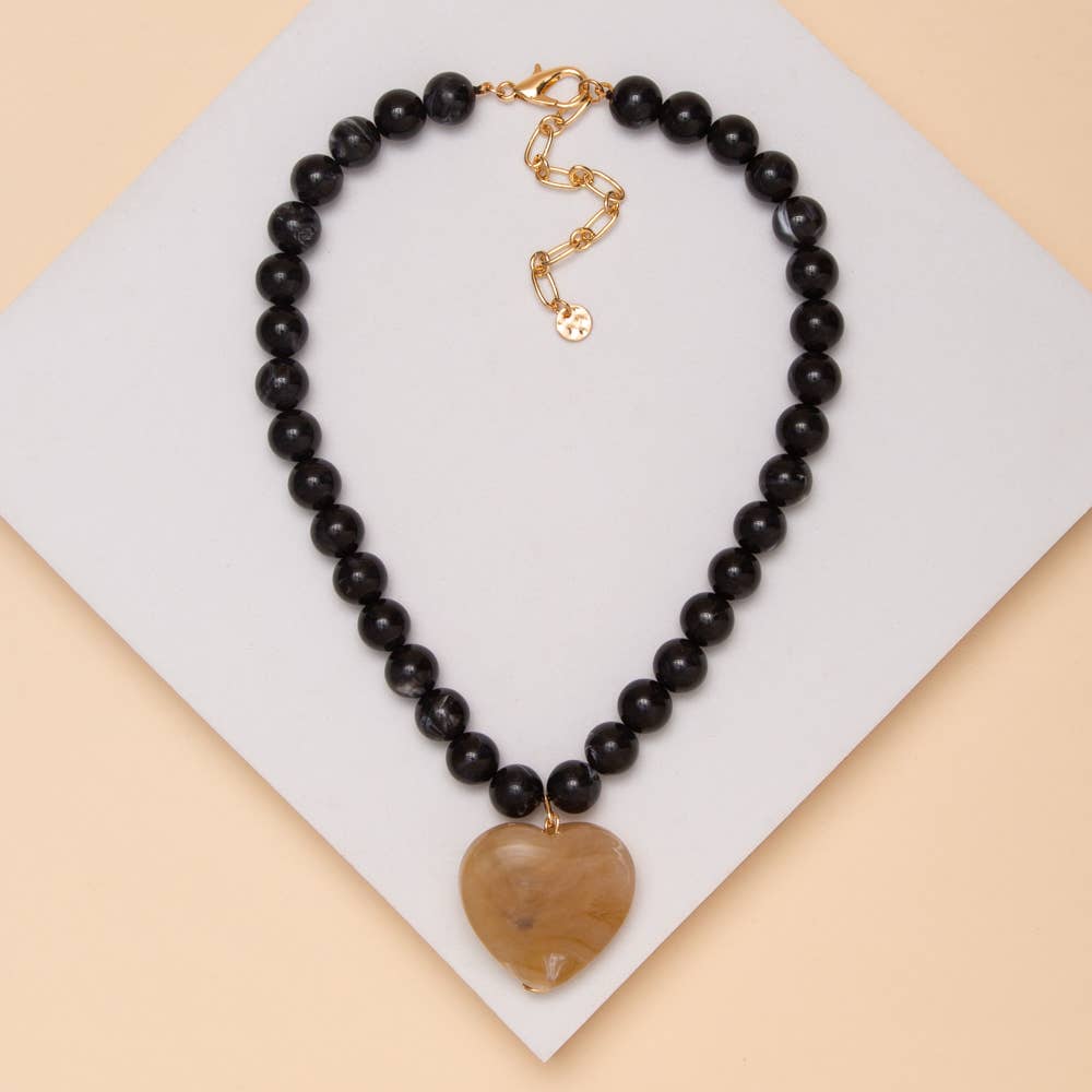 Heart Stone Beaded Necklace: Grey