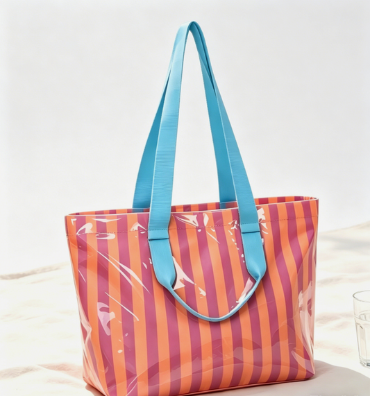 Color Block Striped Tote Bag Waterproof Beach Shoulder Bag: Orange / M
