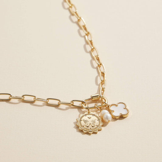 Chain Necklace with Butterfly, Pearl, and Clover Charms: Gold / One /