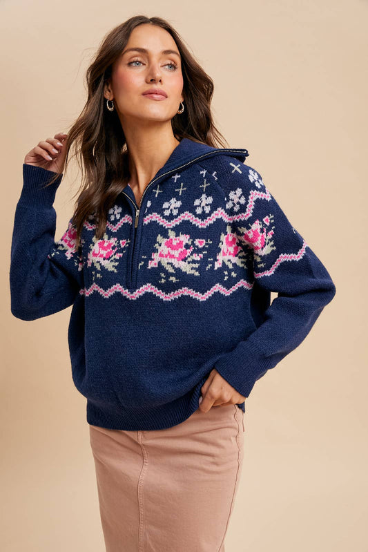 Knitted Fair Isle Half ZIP Pullover: Midnight