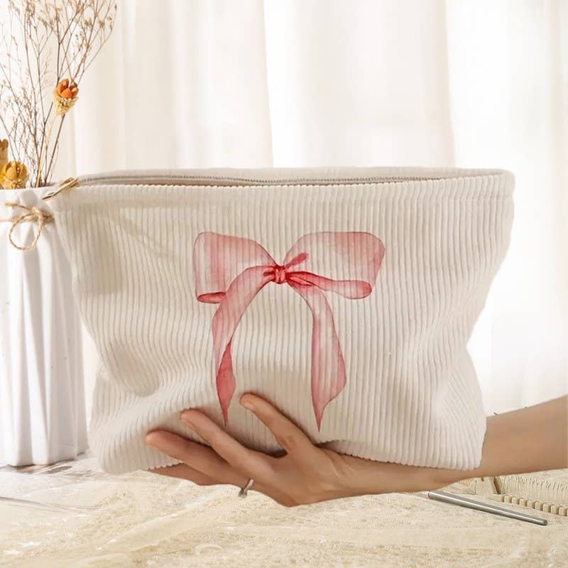 Travel Checker Bow Cosmetic Makeup Pouch Bag | Off White