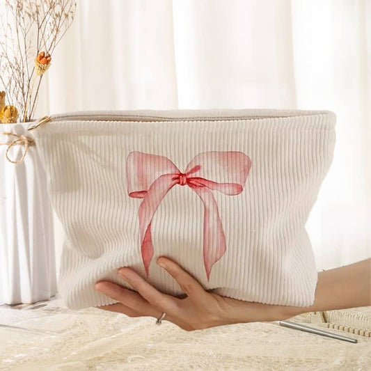 Travel Checker Bow Cosmetic Makeup Pouch Bag | Off White