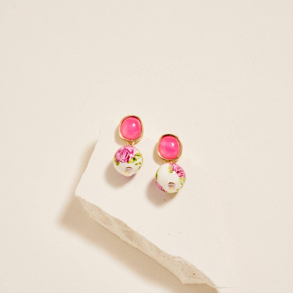 1 Inch Pattern Printed Ceramic Bead Drop Earrings: Hot Pink / ONE