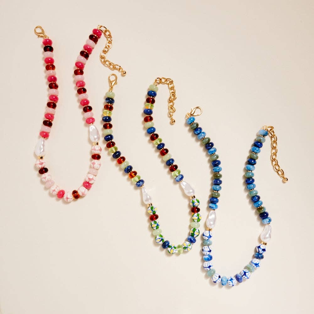 18 In Mixed Marbled Pattern Ceramic Bead Necklace: Blue / ONE