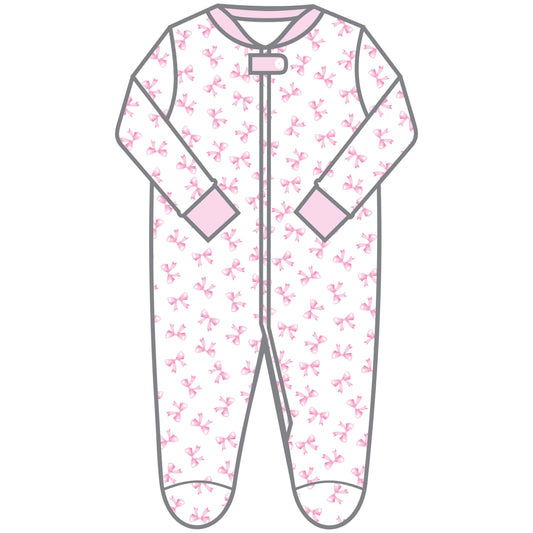 Baby Bows Pink Printed Zipper Footie