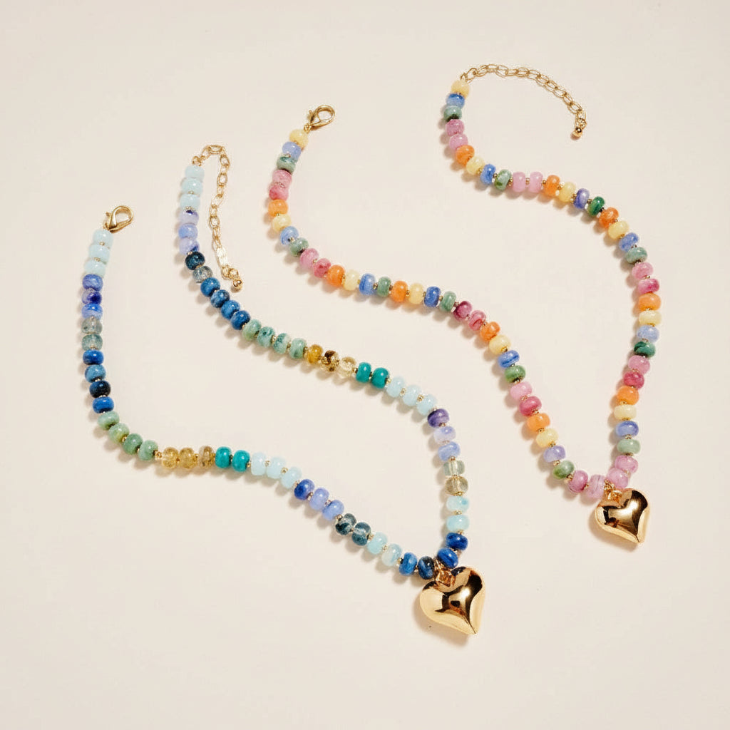 17 In Marbled Beaded Puffy Heart Pendant Necklace: Blue