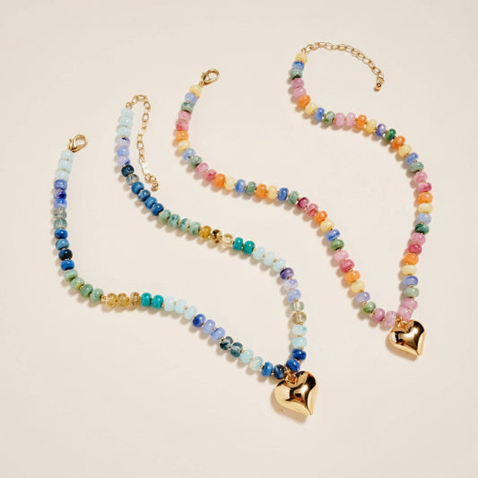 17 In Marbled Beaded Puffy Heart Pendant Necklace: Blue