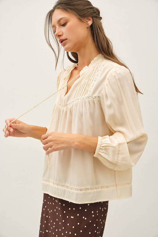 Ruffled V-Neck Silky Peasant Blouse: Champagne