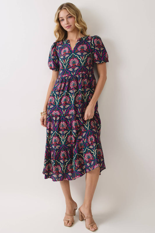 Floral Print Split Neckline Tiered Midi Dress