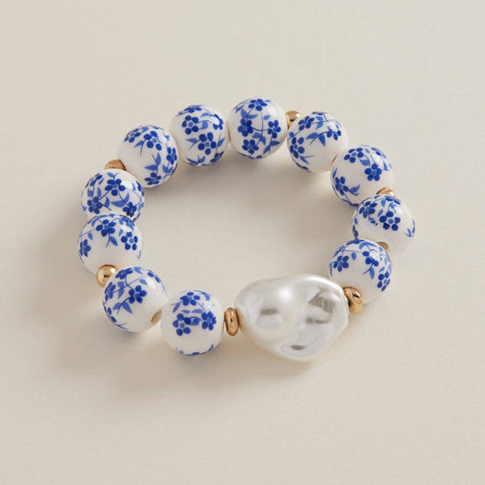 Ceramic Beads With Organic Shaped Pearl Bracelet: Blue / ONE