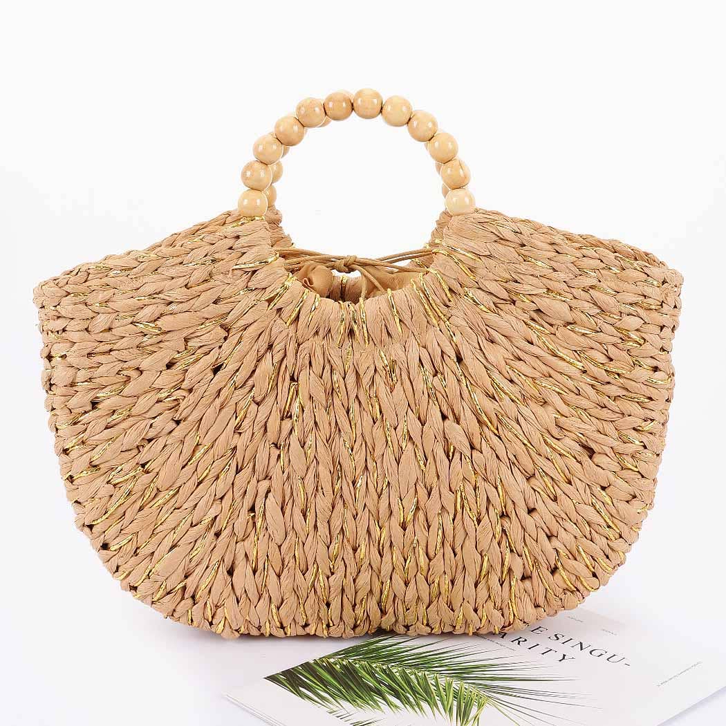 Handmade Faux Straw  Wood Beads Handle Tote Bag : GD