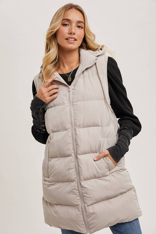 Hooded Zipper Down Longline Puffer Vest: Beige