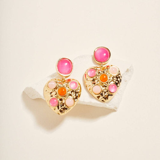 1.75 In Vintage Heart Pendant Resin Stone Earrings: Hot Pink / ONE