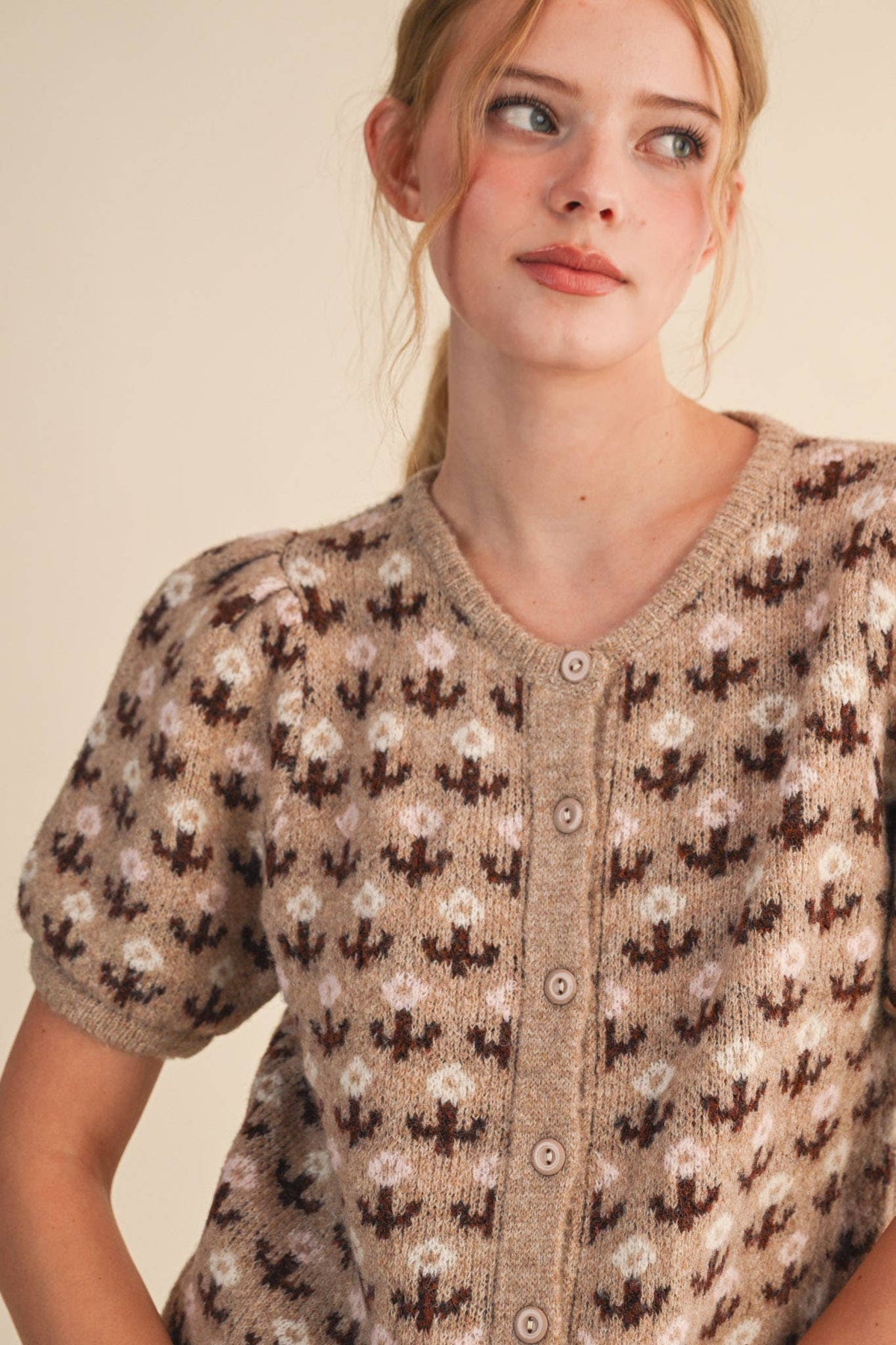 Floral Short Sleeve Sweater Cardigan: Taupe Wine Floral