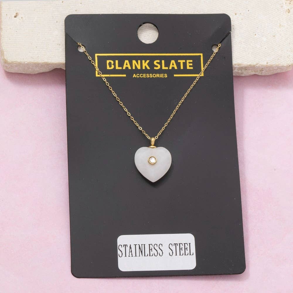 Stainless Steel Stone Heart Crystal Accent Pendant Necklace: IV