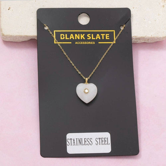 Stainless Steel Stone Heart Crystal Accent Pendant Necklace: IV