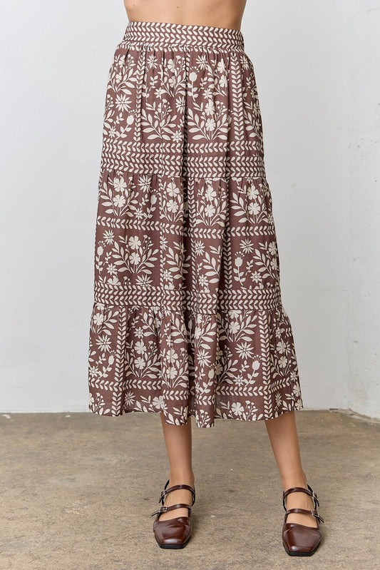 FLORAL SKIRT: BROWN/IVORY