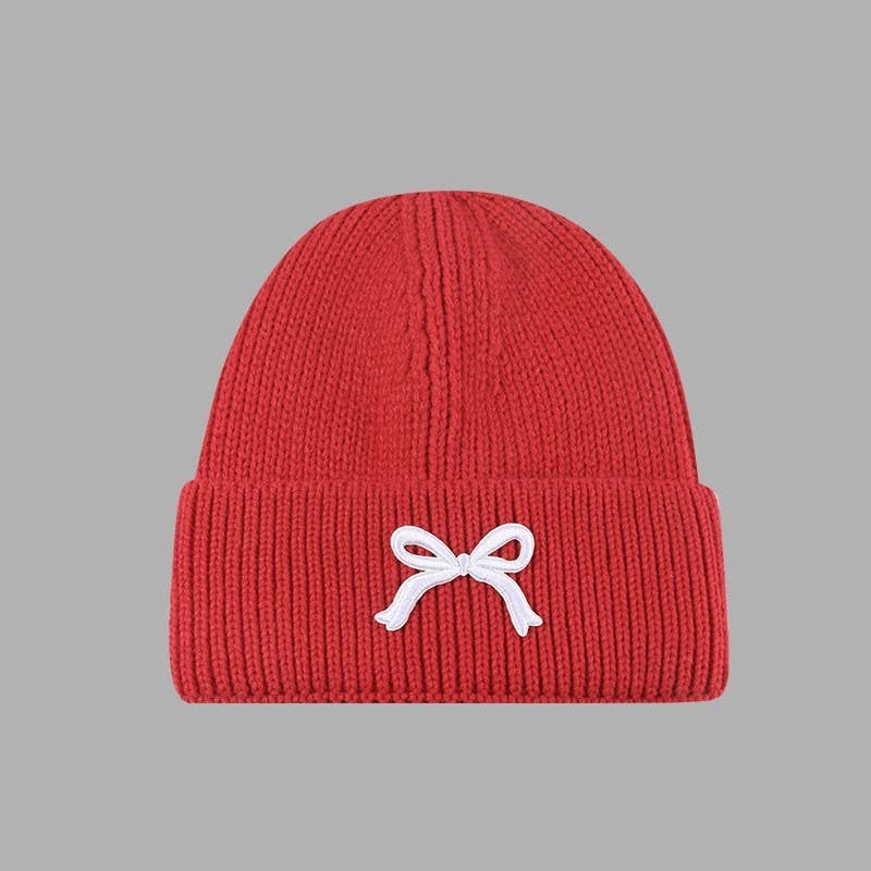 Soft Ribbed Knit Bow Accent Beanies Hat | Red