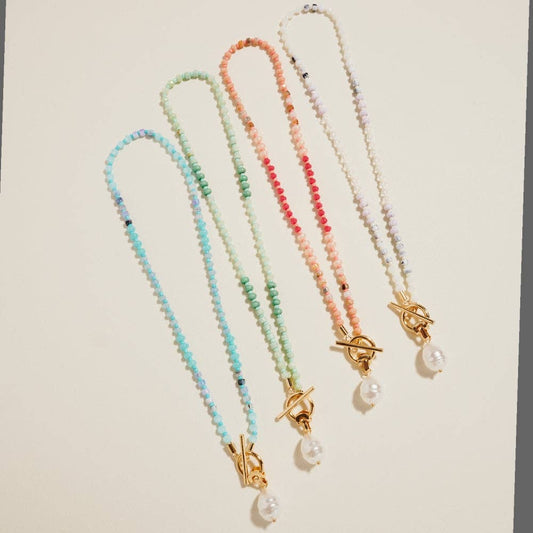 16 Inch Multi Color Bead Pearl Pendant Necklace: Blue