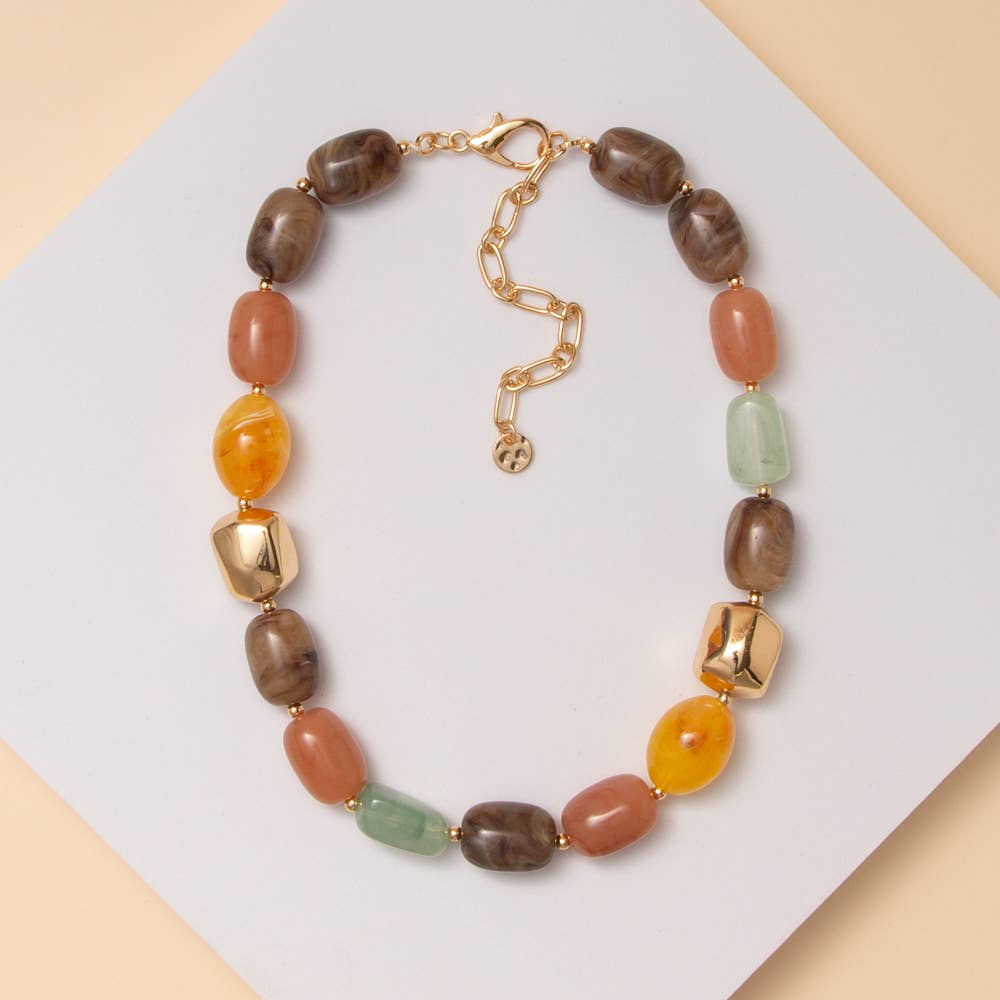 Multi Color Stone Bead Necklace with Mixed Shapes: Multi-Colored