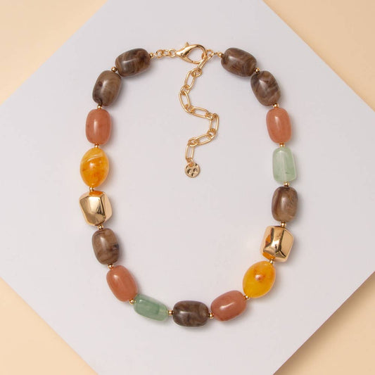 Multi Color Stone Bead Necklace with Mixed Shapes: Multi-Colored