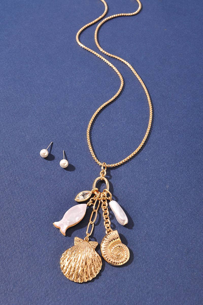 Sea Life Charm Necklace & Earring Set: Gold Cream