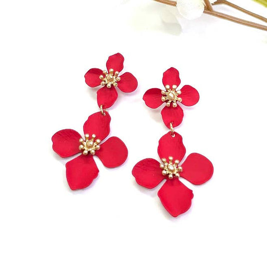 Color Coating Flower Double Link Dangle Post Earrings: Red