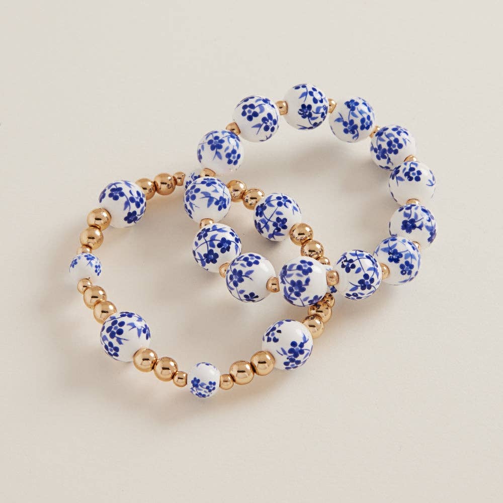 Round Shaped Ceramic Beads 2 Set Stretch Bracelet: Blue / ONE