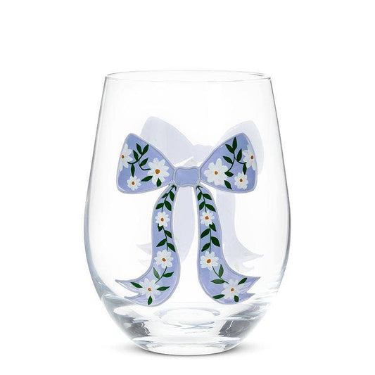Stemless Wine Glass with Floral Bow- Blue