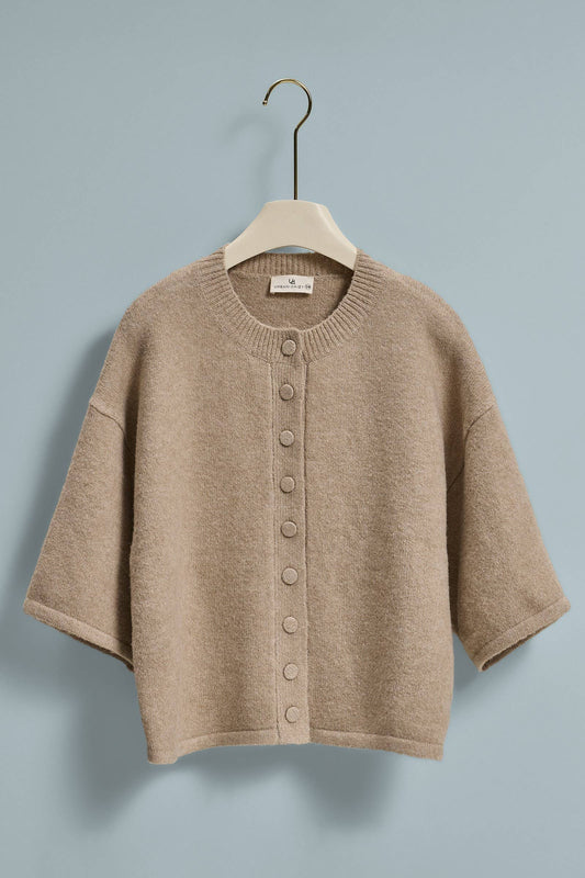 Cropped Knit Button-Front Cardigan Dropped Shoulder: Oatmeal