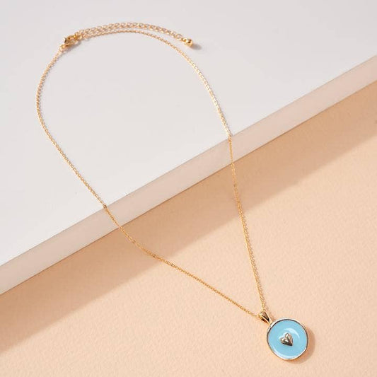 Round Pearlized Epoxy Coin w/Heart Pendant Necklace: Mint Blue