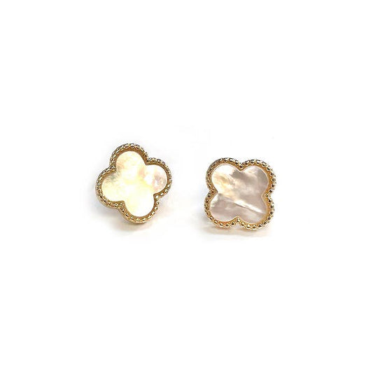 Mother of Pearl Clover Flower Ball Frame Post Earrings: Gold